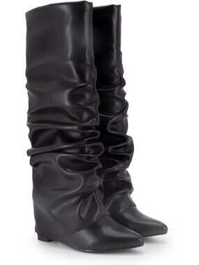 Women's Black Pointed Toe Wedge Heel Comfortable Fold Over Knee High Shark Boots